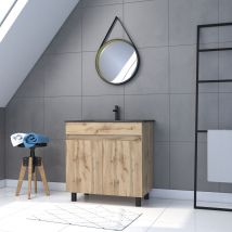 Galedo - Pack Meuble SDB 80cm sur pieds 2 portes Chene_Vasque noire + Miroir Barber - TIMBER 80_Pack24