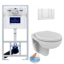 Villeroy & Boch Pack Bâti-support ViConnectPro + WC Porcher sans bride + Abattant + Plaque Blanche