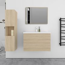 Aica Sanitaire - Ensemble meuble Chêne et vasque L.79cm 2 tiroirs + colonne*1 haut + lavabo + miroir 80*60cm