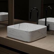 Galedo - Vasque à poser Carrée en Céramique Blanche Mat Effet Marbre - 38x38x13 cm - WHITE MARBLE