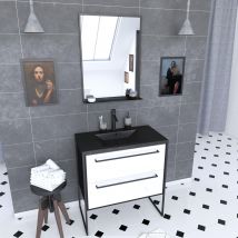 Galedo - Pack Meuble de salle de bain 80x50cm - 2 tiroirs BLANC - vasque résine noire effet pierre - miroir