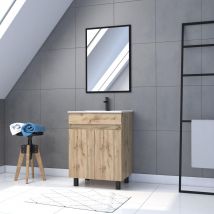 Galedo - Pack Meuble SDB 60cm sur pieds 2 portes Chene_Vasque blanche + Miroir - TIMBER 60_Pack03