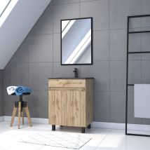 Galedo - Pack Meuble SDB 60cm sur pieds 2 portes Chene_Vasque noire + Miroir - TIMBER 60_Pack01