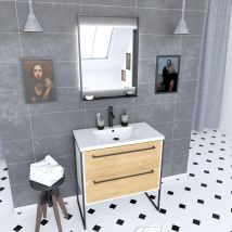 Galedo - Pack meuble de salle de bain 80x50 cm Blanc - 2 tiroirs blanc - vasque blanche - miroir à led