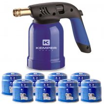 Kemper - Lampe a souder Coque Acier llumage piezo + 8 Cartouches de gaz 190gr STOP GAZ Perçables KEMPER