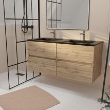 Galedo - Meuble de salle de bains 120 cm 4 Tiroirs Chêne Naturel + Vasque Double Céramique Noire - TIMBER