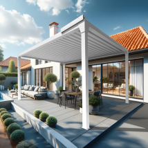Maison Cros Stores Depuis 1867 - Pergola bioclimatique LUFU îlot - 3.50 x 3.99m Vérin à Télécommande (Blanc)