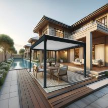 Maison Cros Stores Depuis 1867 - Pergola bioclimatique DASHURIA îlot 3.50 x 3.013m Vérin à Télécommande (Gris anthracite / Blanc)