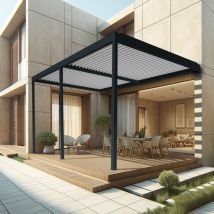 Maison Cros Stores Depuis 1867 - Pergola bioclimatique TRESNA 8.00 x 4.987m Vérin à Télécommande (Gris anthracite / Blanc)