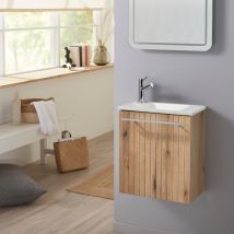 Planetebain - Pack lave-mains Bois Strié avec vasque design blanche - Mitigeur à gauche - L.42.5 X H. 48.6 cm - Hanos