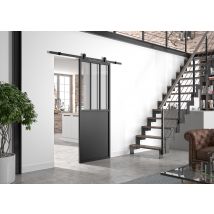Optimum - Kit Porte Coulissante Atelier Noir + Rail Apparent Acier Noir - Vitre Claire - H 204 Cm X L 93 Cm