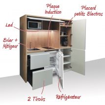 Kitchenette / Mini-cuisine Arche 186cm Blanche Valino - Inclus : Plaque De Cuisson, Évier, Robinetterie, Led + Réfrigérateur