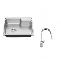 Auralum Max Évier Cuisine 1 Bac 62*45*21cm,en Acier Inoxydable Pvd Nano Vasque À Poser,argent+robinet De Cuisine Rétractable À Deux Fonctions,chromé
