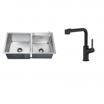 Auralum Max - 2 En 1 Évier De Cuisine 2 Bac 75x45x19cm,encastré/ À Poser Avec Distributeur De Savon+ Robinet De Cuisine Noir Avec Douchette 