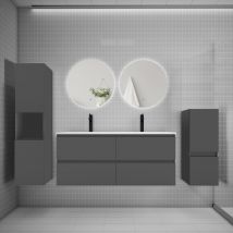 Aica Sanitaire - Ensemble Meuble Vasque L.120cm 2 Tiroirs + Lavabo + Colonne + Miroir Rond,anthracite