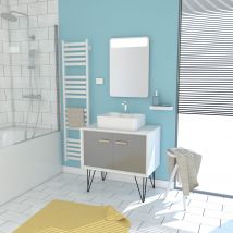 Galedo - Meuble Salle De Bain Scandinave Blanc Et Gris 80 Cm Sur Pieds - Portes Vasque A Poser + Miroir Led