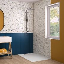 Panneau Mural Salle De Bain Hydrofuge À Coller Kinedo Kinewall Design Largeur 1,00m Hauteur 2,50m Épaisseur 3mm Motif Bardage + Terrazzo Bleu