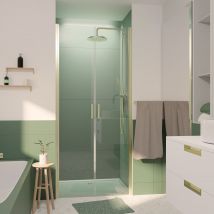 Galedo - Porte de Douche Double Battant 90x200cm - Verre Trempé Transparent 6mm - Profil Or Doré Brossé