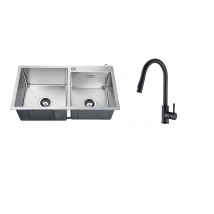 Auralum Max - 2 En 1 Évier De Cuisine 2 Bac 75x45x19cm,encastré/ À Poser Avec Distributeur De Savon+robinet De Cuisine Noir, Inox Extractible Rotatif 