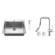 Auralum - AuraLum Évier Cuisine 1 Bac 55*45CM Évier Encastré et à Poser avec Distributeur de Savon+Robinet de cuisine rétractable à deux fonctio