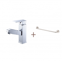 Auralum Max - Robinet Lavabo Avec Douchette Extractible,en Laiton,chromé,eau Froide Et Chaude+60cm Porte-serviettes Salle Bain Auto-adhésif Ou Perçage