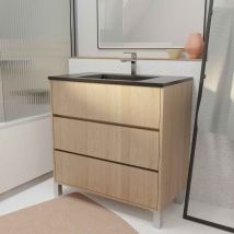 Galedo - Meuble De Salle De Bains 80 Cm 3 Tiroirs Chêne Clair + Vasque Céramique Noire - Xenos