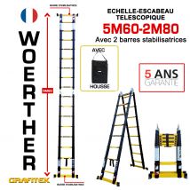 Echelle Scabeau Télescopique Woerther 5m60-2m80 Avec Double Barres Stabilisatrice - Plus Housse - Garantie 5 Ans - Qualité Supérieure