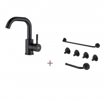Auralum Max Robinet Lavabo Noir Avec Barboteur Démotable, Rotation À 360°+ensemble Salle Bain Accessoire 6 Pièces,auto-adhésif/percer,inox,noir
