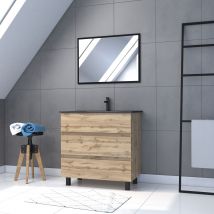 Galedo - Meuble Salle De Bains 80cm Décor Chene Naturel 3 Tiroirs - Vasque Noire Et Miroir - Timber