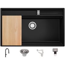 Evier Cuisine En Granit Noir 88x53cm, 1 Bac + Kit De Vidage + Robinet + Accessoires, Évier À Encastrer Au Meuble 90cm - Oslo Pocket De Primagran
