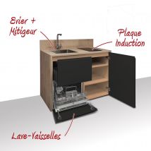 Kitchenette / Mini-cuisine Basse 126cm Noire Valino - Inclus : Plaque De Cuisson, Évier, Robinetterie + Lave-vaisselle