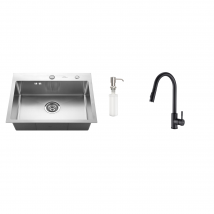 Auralum - AuraLum Évier Cuisine 1 Bac 55*45CM Évier Encastré et à Poser avec Distributeur de Savon+Robinet de Cuisine Noir