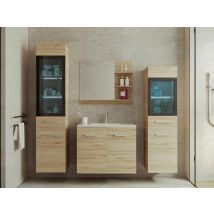 Vente-unique - Meuble simple vasque suspendu avec miroir et colonnes à LEDs - Coloris naturel clair - 60 cm - LAURINE II