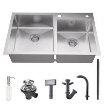 Évier 2 Bacs 75x45x19CM Auralum Évier Cuisine en Inox 304 Évier à Encastrer Brossé avec Distributeur de savon et Ensemble de Drainage