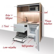 Kitchenette / Mini-cuisine Arche 126cm Blanche Valino - Inclus : Plaque De Cuisson, Évier, Robinetterie, Led + Lave-vaisselle + Réfrigérateur