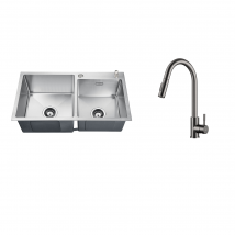 Auralum Max - 2 En 1 Évier De Cuisine 2 Bac 75x45x19cm,encastré/ À Poser Avec Distributeur De Savon+robinet Cuisine Douchette Extractible Gris Foncé 