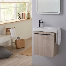 Planetebain - Meuble lave-mains pour wc décor chêne caledonia avec porte serviette en céramique et mitigeur noir