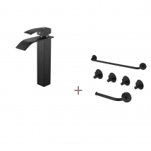 Auralum Max Mitigeur Robinet Lavabo Cascade Noir+ensemble Salle Bain Accessoire 6 Pièces,auto-adhésif/percer,inox,noir