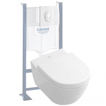 Villeroy & Boch - Pack Wc Suspendu Sans Bride Villeroy Et Boch Subway 2.0 Blanc Alpin + Abattant + Plaque Blanche + Bâti Grohe