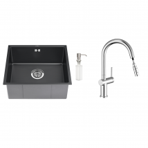 Auralum Max - Évier Noir 1 Bac 50x43x18,5cm,acier Inoxydable, Avec Distrubuteur De Savon+robinet De Cuisine Rétractable À Deux Fonctions, Ch