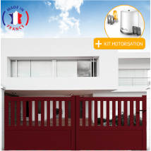 Portail Packit - Portail Aluminium Coulissant Semi-ajouré En Kit + Motorisation Dimensions L.3000 (entre Piliers) X H.1300 Mm Couleurs Rouge (ral 3004