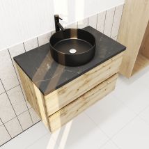 Galedo - Meuble salle de bains 80cm Chêne Naturel 2 Tiroirs - Plan Effet Marbre Noir + Vasque Ronde Noire
