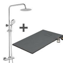 Stano - Pack Receveur De Douche 90 X 120 Cm Extra Plat Gris Basalte + Colonne De Douche Thermostatique Chromée