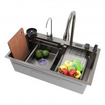 Sirhona 1 Bac Évier De Cuisine Noir Multifonctionnel À Encastrer Avec Robinet De Poisson Volant Rétractable & Affichage De La Température 80x45cm