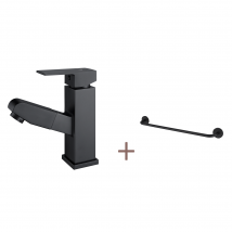 Auralum Max - Auralummax Robinet Mitigeur Lavabo Avec Douchette Extractible,noir, Hauteur 187mm+porte-serviettes De Salle Bain,auto-adhésif/ Perçage,