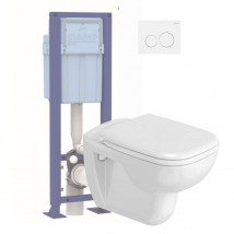 Pack Wc Suspendu Duravit D-code Avec Abattant + Bati Support Siamp + Plaque De Commande Blanche