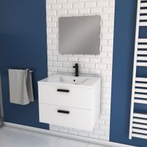 Galedo - Meuble Salle De Bain 60 Cm Suspendu 2 Tiroirs Blanc Avec Vasque Et Miroir - Box-in