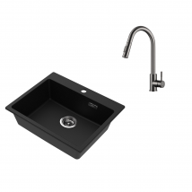 Auralum Max - 1 Bac Évier Cuisine En Granit,55*45*20cm,kit De Vidage,noir+robinet Cuisine Douchette Extractible Gris Foncé Rotatif 360 °