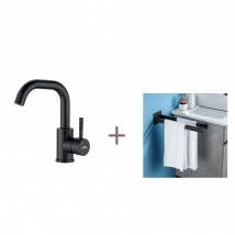 Auralum Max Robinet Lavabo Noir Avec Barboteur Démotable+porte Serviette Salle De Bain Adhésif/perçage,barres Porte Serviettes,en Inox,noir,40 Cm