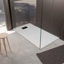 Galedo - Pack Receveur Blanc Effet Pierre 80x120 cm et Grille décor Perforée Noire Mate
